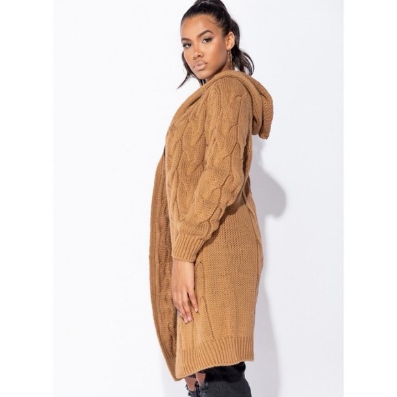 Brown Cable Knit Long Sleeve Open Front Hoodie Hooded Midi Cardigan Sweater - Picture 2 of 8